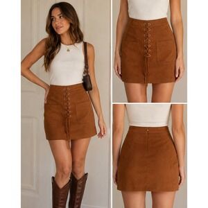 Unbranded Mini Skirt M Tan Faux Suede Lace Up A Line Pockets Mod